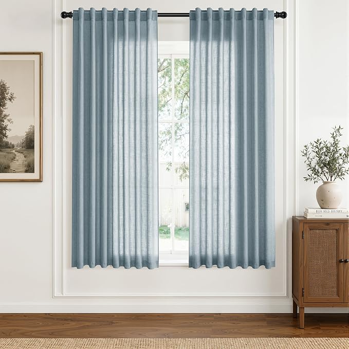 Hokibero Blue Linen Curtains 63 Inches Long Drape for Living Room 2 Panels | Light Filtering Sheer Curtain, Back Tab Rod Pocket Pleated Look, Dusty Blue Privacy Drapes for Bedroom Window, Boho Farmhouse