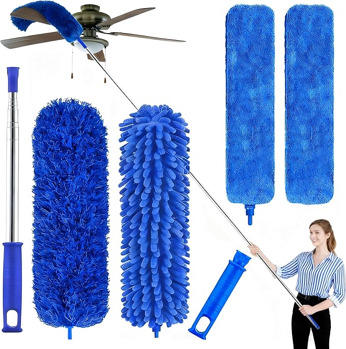 Bendable Microfiber Duster, Dusters for Cleaning Extendable(6PCS) | 100 Inch Telescopic Pole, Washable & Reusable, Stainless Steel Extension Pole, for High Ceiling, Fan, Blinds & Furniture
