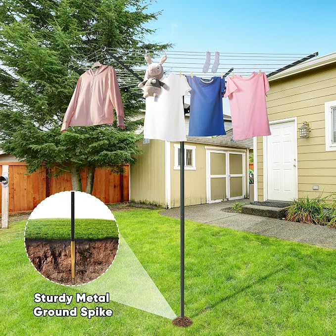 MYOYAY 165 Ft Outdoor Umbrella Drying Rack Rotary Retracting Clothesline | Adjustable Height Collapsible Umbrella Clothesline 4 Arm Heavy Duty Clothes Drying Rack with 12 Lines for Laundry Outdoors