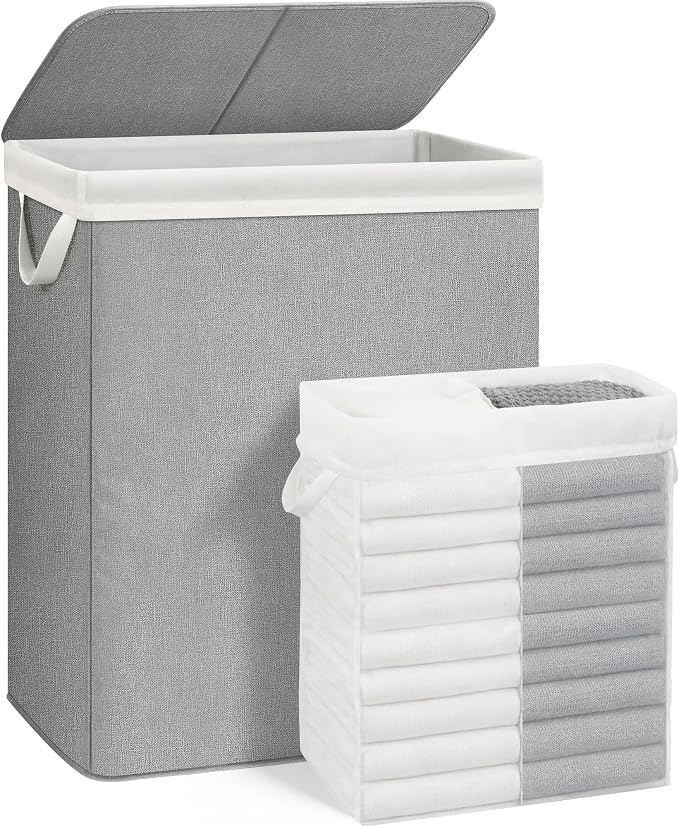 STORAGE MANIAC Double Laundry Hamper with Lid, 140L Tall Metal Frame Laundry Baskets with Removeable Bag, Large Clothes Hamper with PU Tag, Laundry Bin for Dorm, Collage, Bathroom, Bedroom, Gray