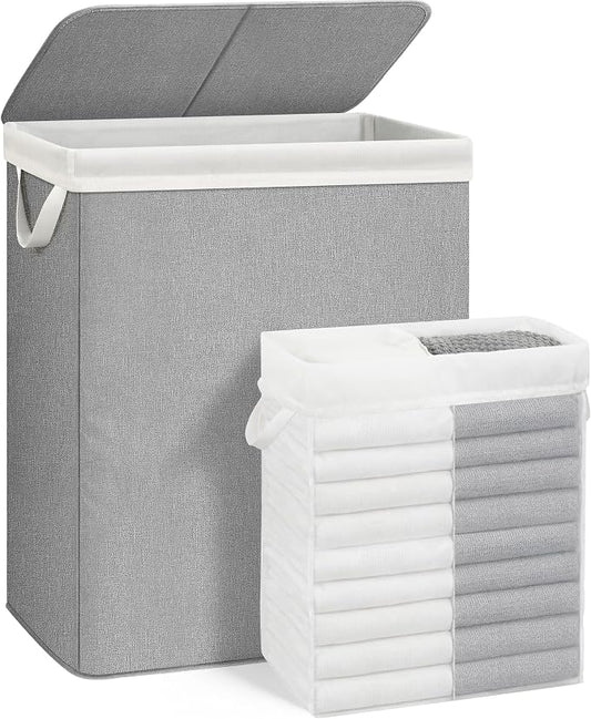 STORAGE MANIAC Double Laundry Hamper with Lid, 140L Tall Metal Frame Laundry Baskets with Removeable Bag, Large Clothes Hamper with PU Tag, Laundry Bin for Dorm, Collage, Bathroom, Bedroom, Gray