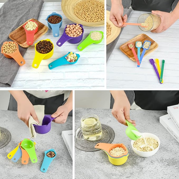 Black Measuring Cups and Spoons Set 15, Plastic Mesuring Cups and Spoons, 7 Plastic Measuring Cups and 7 Measuring Spoons with leveler, Cute Measure Cups for Baking & Kitchen