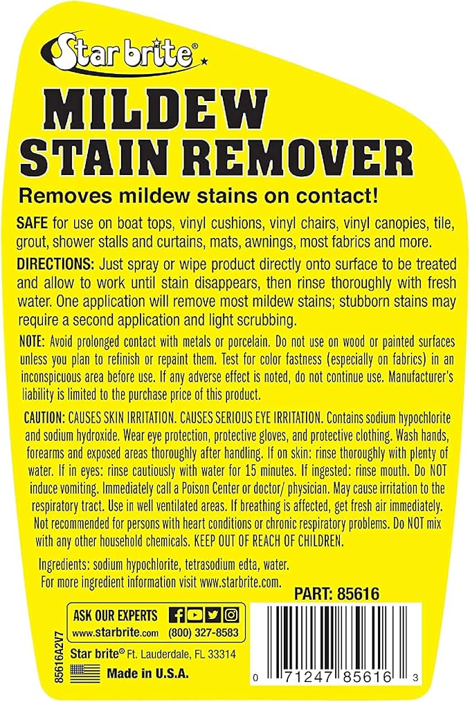 STAR BRITE Mold Stain & Mildew Stain Remover – Lifts Dirt & Removes Mildew Stains on Contact - 32 OZ (085632) | Triple-action buffered bleach lifts dirt, safe on stitching, works on tile, grout, gutters, roofs and vinyl