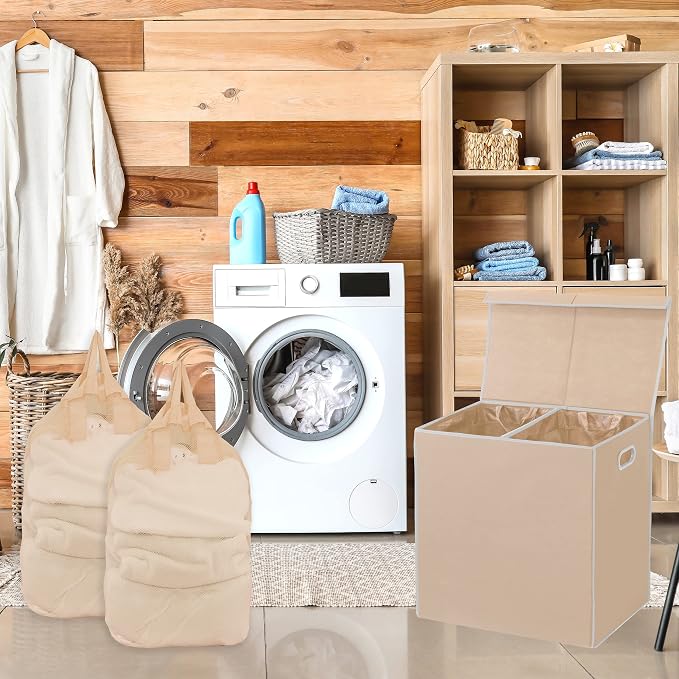 Simple Houseware Double Laundry Hamper with Lid & Removable Bags, Beige