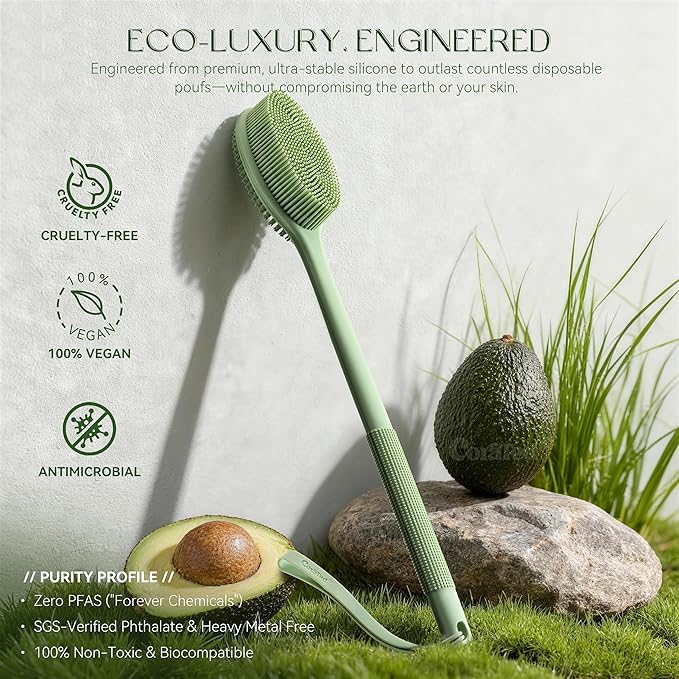 CORATED Silicone Back Scrubber for Shower, Exfoliating Body Scrubber with Long Handle, 2‑in‑1 Body Brush for Women & Men Daily Use, Loofah Alternative Bath Accessories