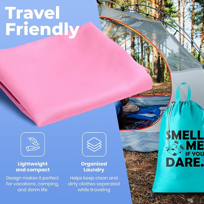 Extra Large Travel Laundry Bag - 2-Pack Fun Print Design Bags for Dirty Clothes - Durable Water-Resistant Fabric - Sturdy Drawstring Closure (Pink-Teal | Smell Me If You Dare)