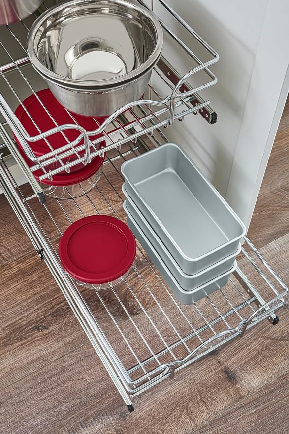 Rev-A-Shelf Pullout Organizer for Cabinets, Min Opening Width of 11.5" | Two-Tier Steel Shelf for Kitchen or Vanity Cabinet Organization, Heavy Gauge Wire Slide Out Storage Basket, 5WB2-1222CR-1