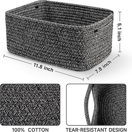 3-Pack Shelf Baskets for Organizing, Closet Organizer Bins, Small Woven Baskets, Rope Toy Basket, Storage Basket for Shelves, Cube Decorative Box, 11.8×7.8×5.1”, Mixed Black