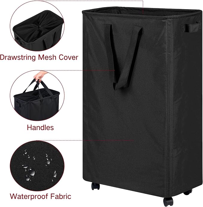 efluky Slim Laundry Hamper with Wheels, Rolling Laundry Basket for Clothes, Small Laundry Basket for Bedroom, Dorm and Laundry Room, 75L (19.8 Gallons) Black