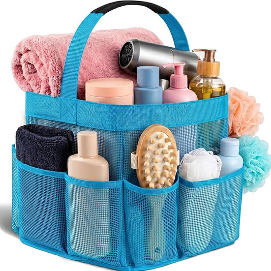 Masirs Mesh Shower Caddy – 9 Pocket Portable Shower Tote Bag for College Dorm Room Essentials, Quick-Dry Bathroom Organizer for Travel, Gym, Camping, Beach – Lightweight Collapsible Blue
