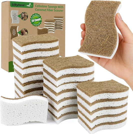 Natural Kitchen Sponges, Biodegradable & Compostable | Non-Scratch Cellulose Coconut Fiber Sponges for Dishes, Pots & Pans | Eco-Friendly Cleaning Sponge (24)