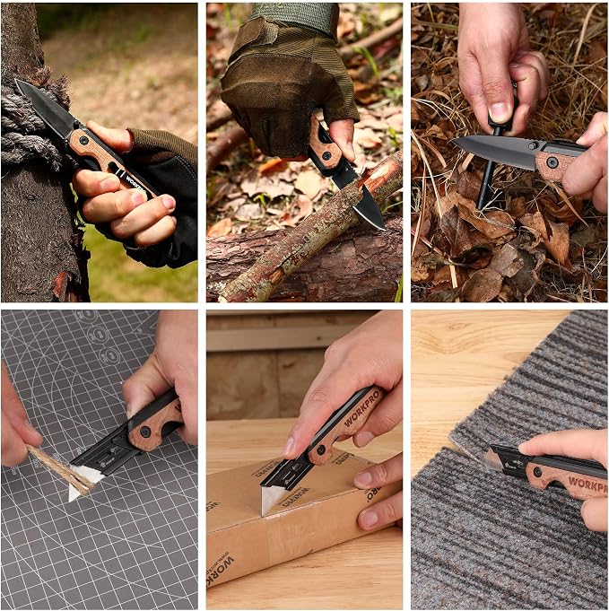 WORKPRO 2-in-1 Folding Knife/Utility Knife, Wood Handle | Quick-Change Box Cutter, Liner Lock, Belt Clip, 10 SK5 Blades, Carton Cutting, Camping, Hiking, DIY Projects