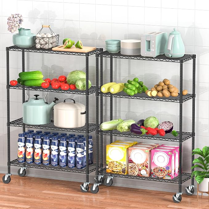 Folews 4-Tier Storage Shelving Unit with Wheels, Metal Rolling Storage Shelves NSF Adjustable Layer Steel Rack Shelf, Wire Shelving Storage for Kitchen Garage Pantry Office, Black (14D x 36W x 57H)