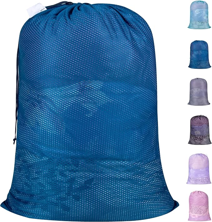 Heavy Duty Diamond Mesh Laundry Bag, 24x36", Blue | Drawstring & ID Tag, Machine Washable, Commercial Grade, , For College Dorms, Travel, Sports Equipment