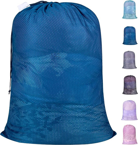 Heavy Duty Diamond Mesh Laundry Bag, 24x36", Blue | Drawstring & ID Tag, Machine Washable, Commercial Grade, , For College Dorms, Travel, Sports Equipment
