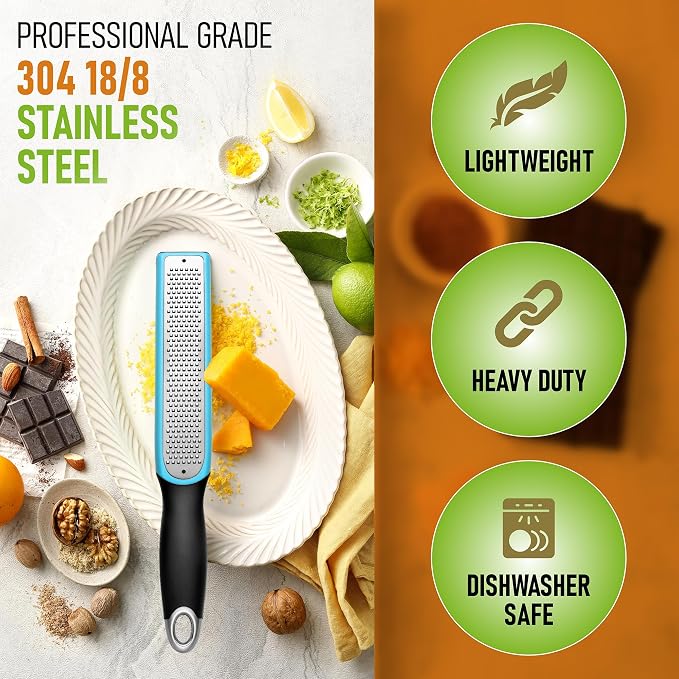 Spring Chef Premium Lemon Zester Grater with Handle - Fruits, Garlic, Chocolate, Ginger Grater - Heavy Duty Kitchen Tool - Stainless Steel Citrus Zester with Blade Cover - Fine Shred - Aqua Sky
