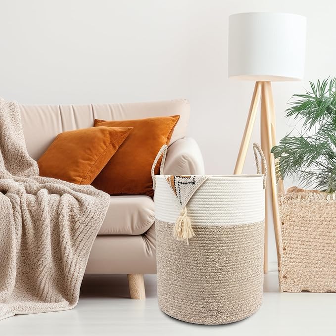Woven Cotton Rope Laundry Basket, 15x20 Laundry Hamper, White/Brown | Rope storage basket for dirty clothes, toys and blankets. Perfect for bathroom, baby nursery and living room storage.
