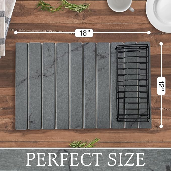 Stone Drying Mat + Foldable Black Metal Dish Rack – Complete 2-Tier Kitchen Drying System – Ultra Absorbent Dark Gray Mat for Plates, Glasses & Cutlery – Modern & Hygienic Counter Organizer - 24"x16"