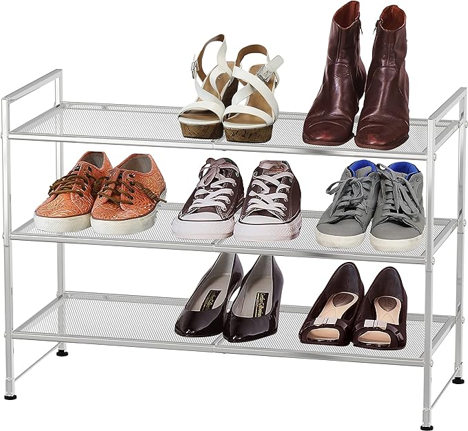 Simple Houseware 3-Tier Stackable Mesh Shoe Rack, Silver | 9 Pairs of Shoes Storage Organizer for Closet, Entryway, Garage & Corridor