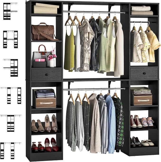 Unikito 58 - 90 Inch Closet System, Large Walk in Closet Organizer with 3 Hanging Rods and Shelves, Heavy Duty Wood Closets Wardrobe with 2 Drawers & Shoe Rack, Sturdy Reversible Clothing Rack, Black