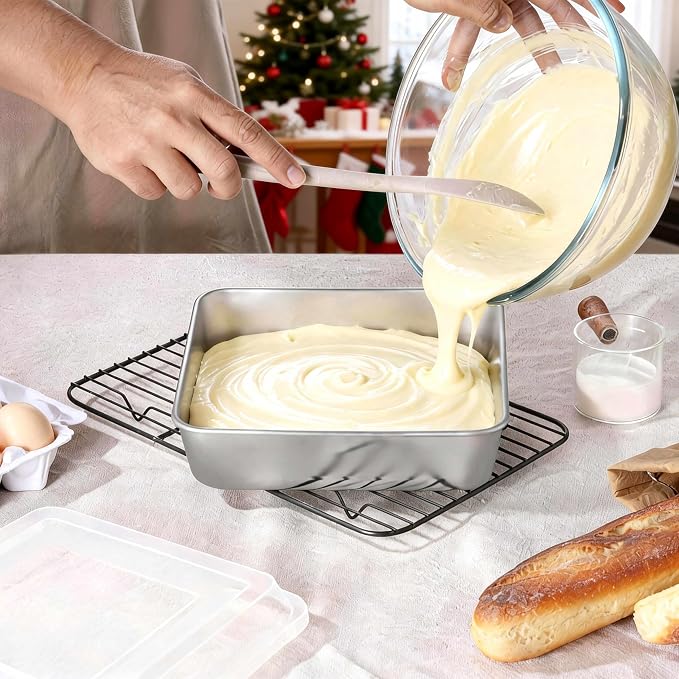 LIANYU 8 Inch Square Cake Pan with Lid, 8 x 8 Stainless Steel Lasagna Brownie Baking Pan, Non-Toxic Baking Dish for Oven Cooking Roasting, Even Heating & Dishwasher Safe (1 Pan +1 Lid)