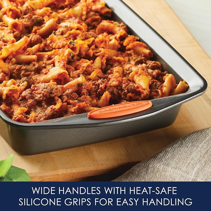 Rachael Ray Yum-o! Nonstick Bakeware Oven Lovin' Rectangle Cake Pan, 9-Inch by 13-Inch, Gray with Orange Handles