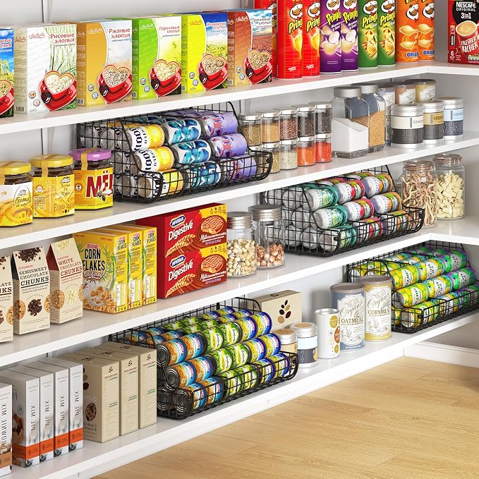 2-Tier Stackable Can Organizer for Pantry Shelves, 2 Pack Soda Can Organizer with 4 Adjustable Dividers, Kitchen Can Storage Organizer, Wire Drink Organizer, Metal Can Dispenser for Cabinets Shelf