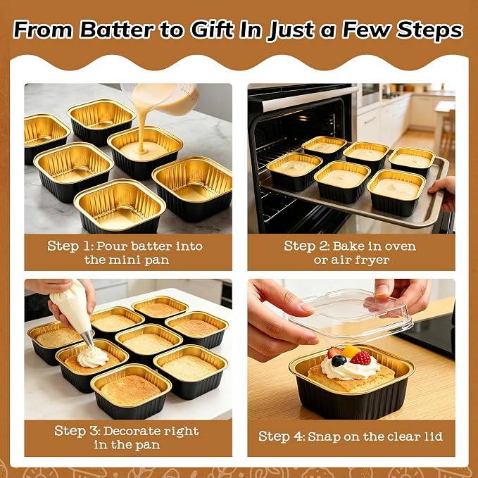 NPLUX 50 Pcs Mini Square Baking Cups with Lids and Spoons Aluminum Foil Mini Cake Pans with Lids Disposable Ramekins Cake Pans Dessert Cups for Wedding, Graduation Gifts Party Favors(Black Gold,5oz)