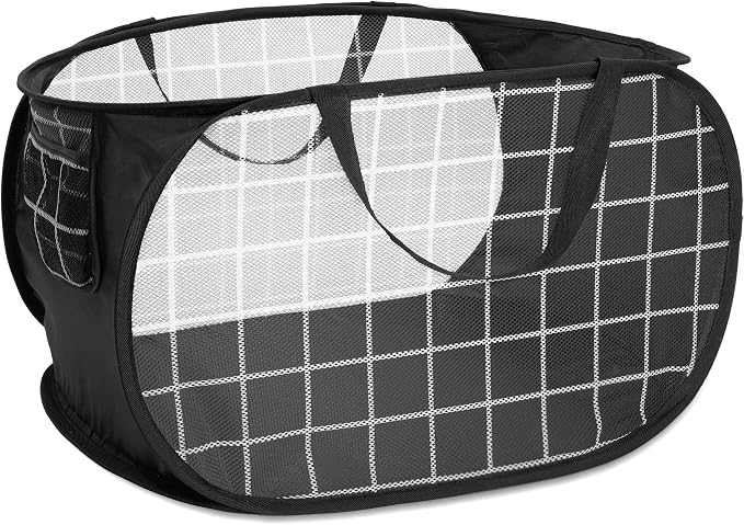 Collapsible Laundry Baskets with Side Pocket, Mesh Pop Up Clothes Hamper for Laundry, Foldable Laundry Basket Storage Hamper with Reinforced Handles for Clothes, Toys, Home, Dorm -Grid Print, Black