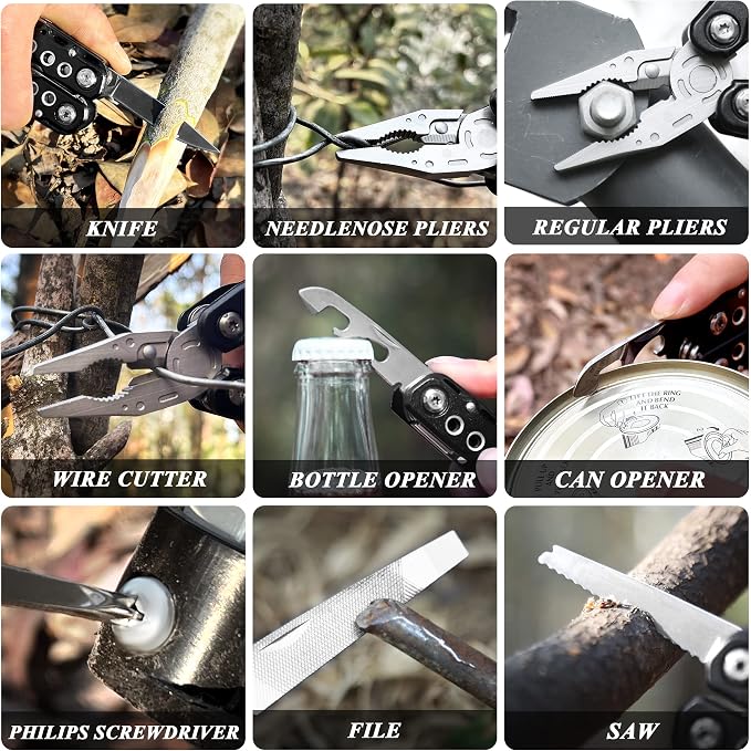 Multitool Pliers Pocket Knife, 14 in 1 Multi Tool Knife Pliers Saw Bottle Opener Safety Lock Nylon Sheath, Camping Hiking Gear Multitool for Camping Survival Hiking DIY, Gifts for Men Dad