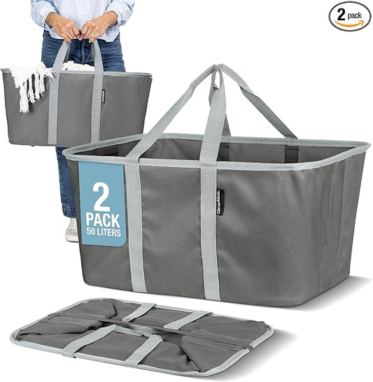 CleverMade Collapsible Laundry Tote, 50L, 2 Pack, Charcoal | Long center handles balance one-hand carrying. A steel rim supports 55 lb, then folds to 1.25 inches for compact storage.