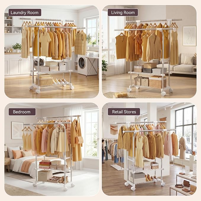 RORA Double Rod Clothes Rack, Clothing Rack with wheels, Extendable, Silver | Stainless Steel, Ideal for Bedroom & Laundry Room, Height-Adjustable, 2-Tier Shelves, Portable Garment Rack, Wardrobe Rack