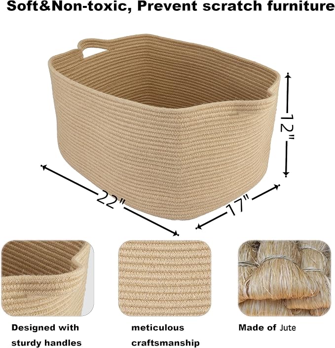 XUANGUO Large Rectangle Woven Jute Rope Storage Basket 22"x17"x12" | Storage basket for living room and nursery; blanket basket, dog toy storage, or laundry basket for clothes and towels.
