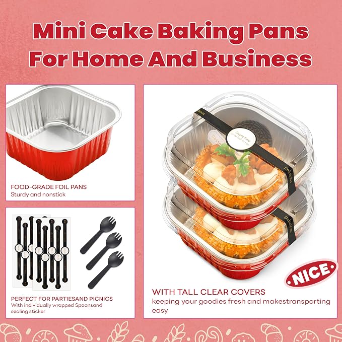 NPLUX 50 Pcs Mini Square Baking Cups with Lids and Spoons Aluminum Foil Mini Cake Pans with Lids Disposable Ramekins Cake Pans Dessert Cups for Wedding Birthday Party(Red,10oz) (Pack of 2)