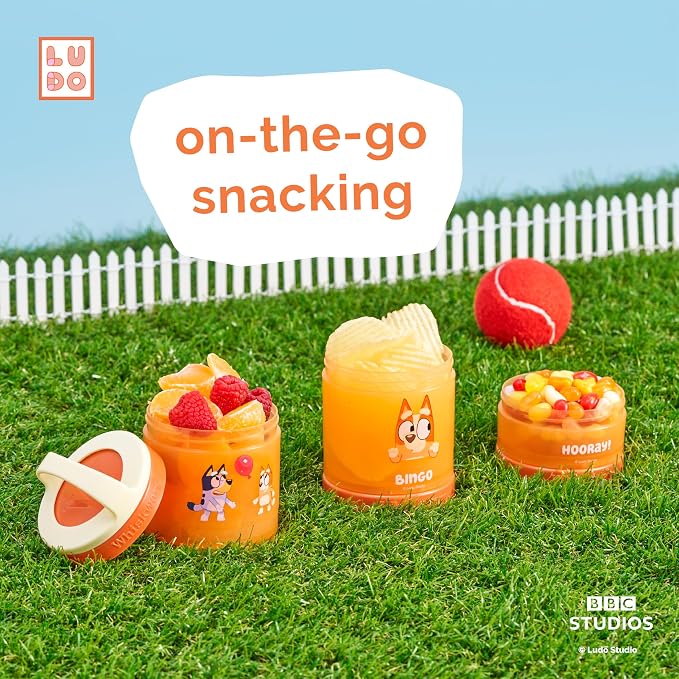 Whiskware Bluey Stackable Snack Containers for Kids and Toddlers, 3 Stackable Snack Cups for School and Travel, Bluey and Bingo, Hooray! (Pack of 1)