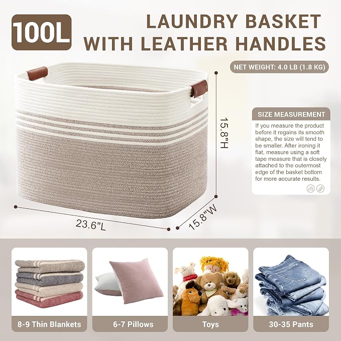 100L Large Woven Laundry Basket Hamper with Leather Handles,Brown | collapsible wicker hamper, storage for dirty clothes, toys, blankets, gifts, living room, bedroom, bathroom, 24"x16"x16"