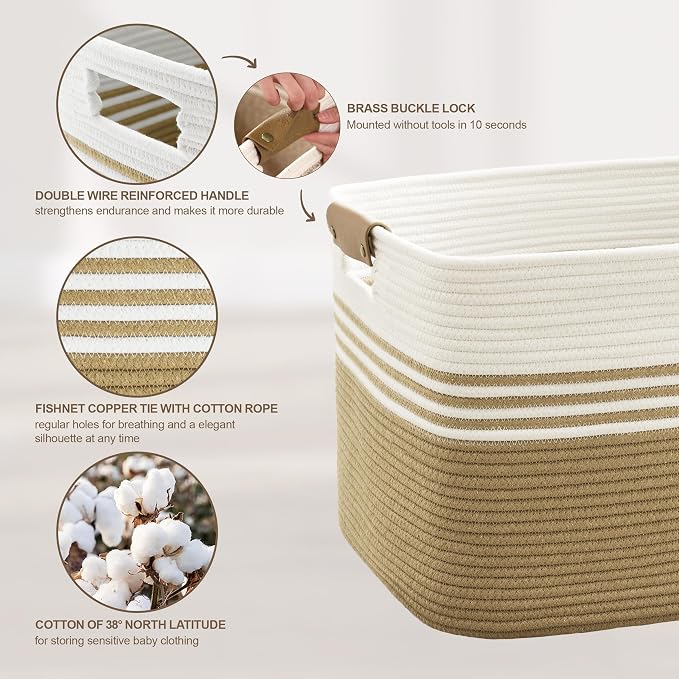 72L Large Woven Laundry Basket Hamper with Leather Handles,Khaki | collapsible wicker hamper, storage for dirty clothes, toys, blankets, gifts, living room, bedroom, bathroom, 22"x17"x12"