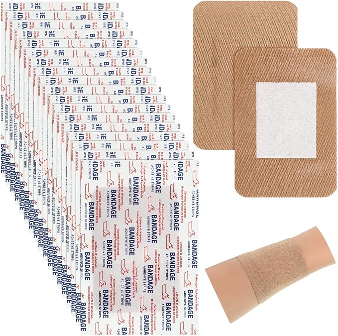 Marsui 100 Pcs Large Bandages 3 x 4 Inch Wound Care Flexible Adhesive Bandages Latex Free Fabric for and Protect Wounds Large Size for First Aid Wound Care Assorted