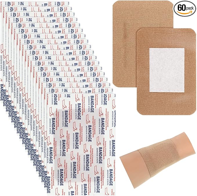 Marsui 60 Pcs Large Bandages 3 x 4 Inch Wound Care Flexible Adhesive Bandages Latex Free Fabric for and Protect Wounds Large Size for First Aid Wound Care Assorted