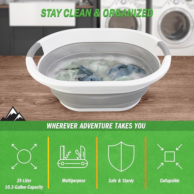 Collapsible Laundry Basket - 39L (10.3-Gallon) Portable Sink - Multipurpose Plastic Bin, Hamper, or Ice Bucket - Camping Essentials by Wakeman Outdoors (Gray)