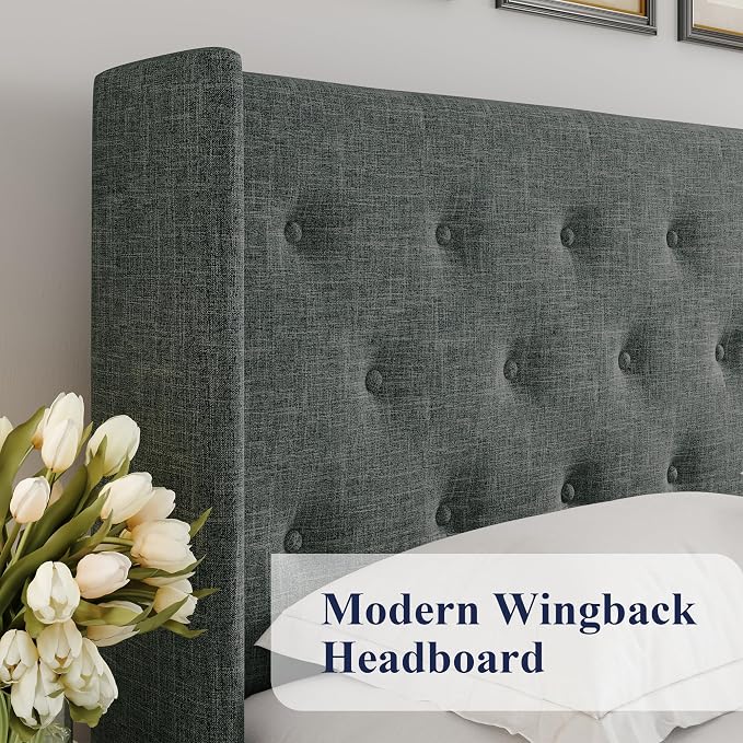Allewie Queen Size Lift Up Storage Button-Tufted Bed Frame Dark Grey | Modern Wingback Headboard, Hydraulic Support Storage, No Box Spring Needed