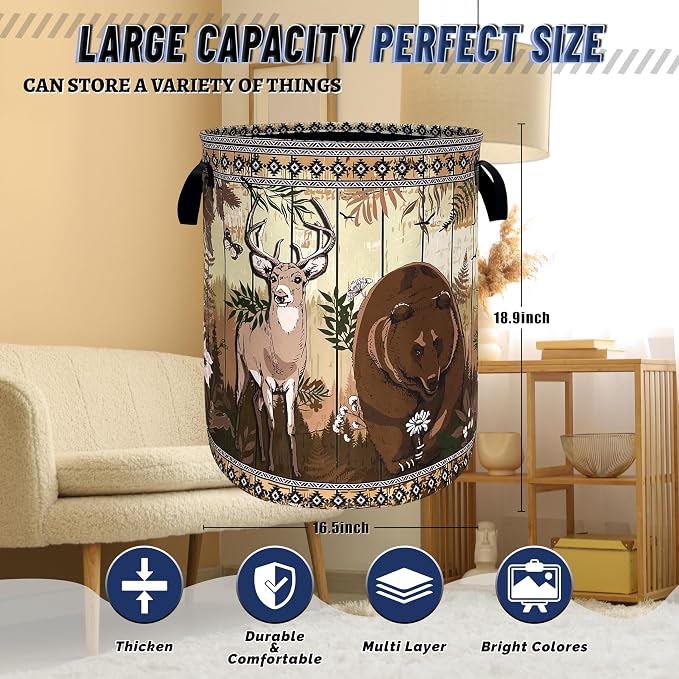 Funny Laundry Basket Oxford Cloth Forest Animal Bear and Deer Laundry Hamper With Handle Foldable Portable Clothes Storage Basket Colorful Laundry Bag 18.9"x16.5" For Laundry Room/Bedroom/Bathrooms