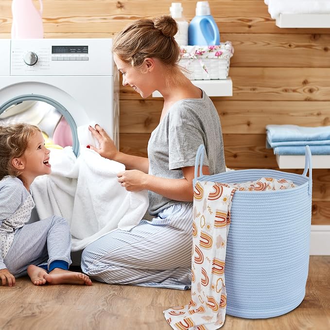 XUANGUO Cotton Rope Laundry Basket Hamper for Clothes, light blue | Woven Storage Basket for Living Room Bedroom Boho Tall Rope Baskets for Blanket Toys Pillow Towels Baby Nursery Hamper Bin