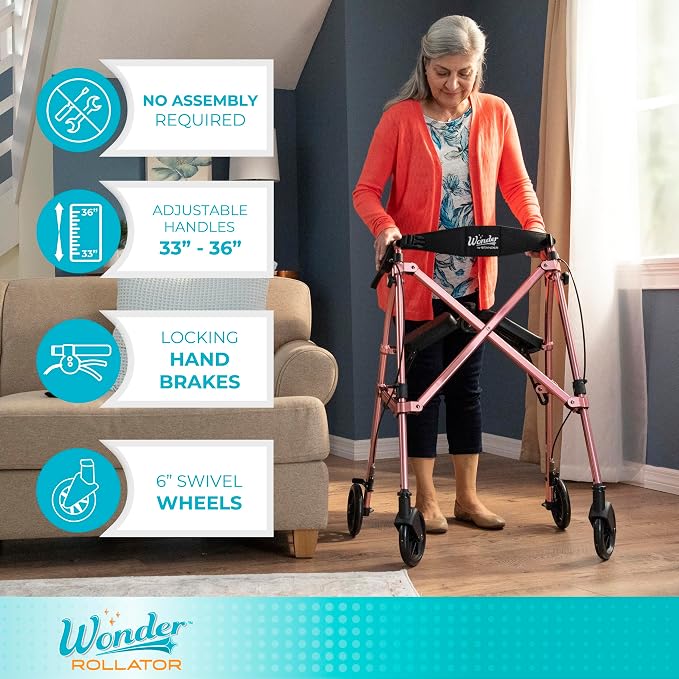 Stander Space Saver Rollator, Lightweight Folding Rolling Walker with Seat for Seniors & Adults, 4-Wheel Mobility Aid with 6-inch Wheels, Locking Brakes & Padded Seat with Backrest, Regal Rose
