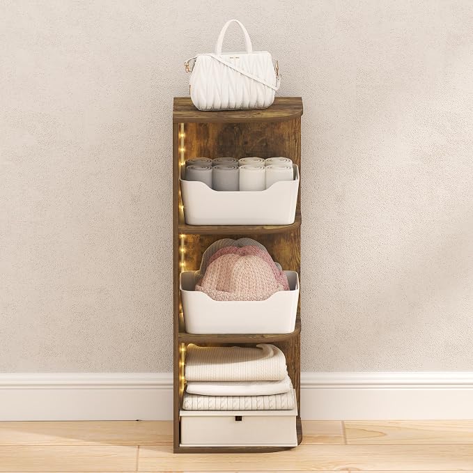 Furinno PASIR Corner Closet Organizer with LED Lights, 3-Tier, Amber Pine | 9.3 x 12 x 31.5, LED Closet Organizers and Storage, Open Shelves Closet Storage for Wardrobe, Bedroom, Entryway