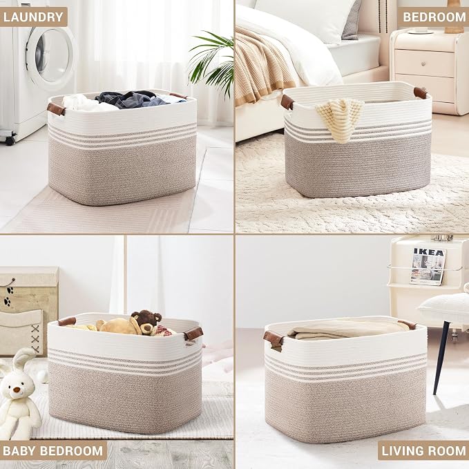 100L Large Woven Laundry Basket Hamper with Leather Handles,Brown | collapsible wicker hamper, storage for dirty clothes, toys, blankets, gifts, living room, bedroom, bathroom, 24"x16"x16"