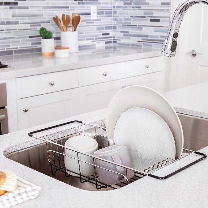 Better Houseware Over The Sink Dish Drying Rack, Space-Saving Stainless Steel Dish drainers for Kitchen Sink, Adjustable Sink Dryer Rack for Dishes