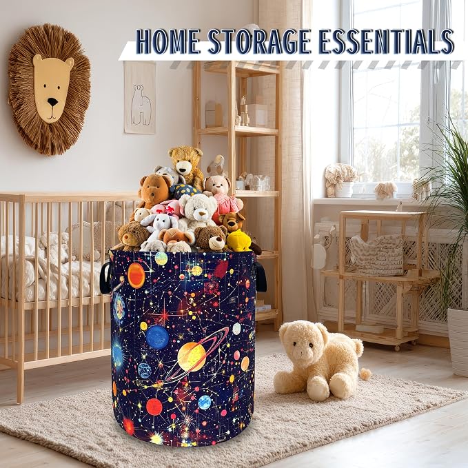 Colorful Planets Laundry Basket Oxford Cloth Starry Sky Galaxy Laundry Hamper With Handle Foldable Portable Clothes Storage Basket Funny Laundry Bag 18.9"x16.5" For Laundry Room/Bedroom/Bathrooms