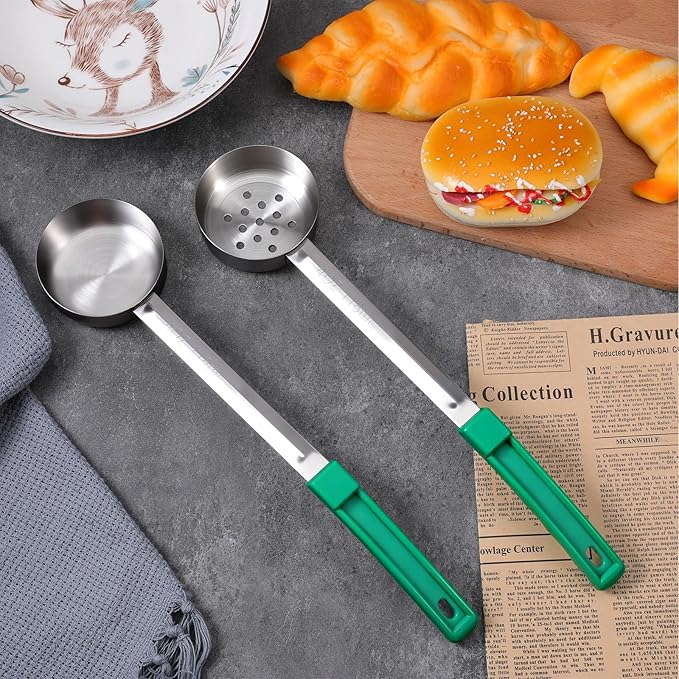 6 Pcs Portion Control Serving Spoons, Stainless Steel Measuring Ladle Scoops with Plastic Handle, 4 Oz Slotted and Unslotted Food Measuring Utensils for Weight Loss, Restaurants, Home
