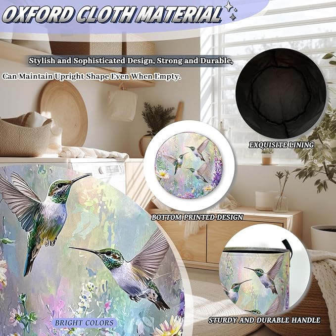 Beautiful Hummingbird Laundry Basket Oxford Cloth Hamper 18.9"x16.5" | Colorful Flower Laundry Hamper With Handle Foldable Portable Clothes Storage Laundry Bag For Laundry Room/Bedroom/Bathrooms